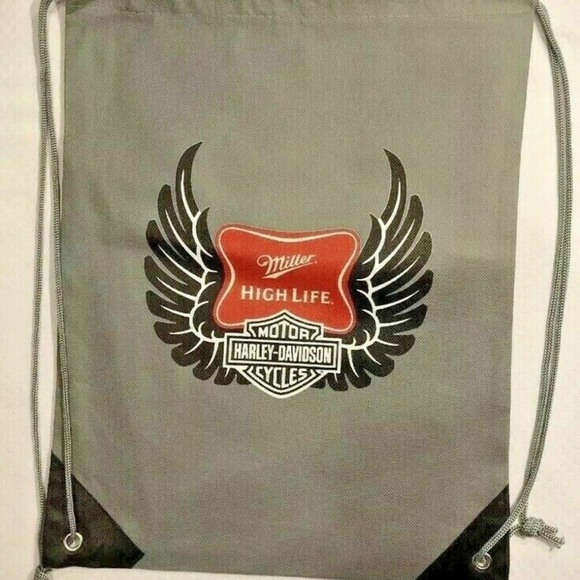Harley Davidson / Miller High Life Lightweight Gray Tote Bag 15"x12" Drawstrings - Picture 1 of 4